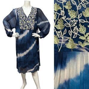 SOFT SURROUNDINGS Blue Indigo Tie Dye Gold Embroidered Himalaya Dress 1X NWT NEW
